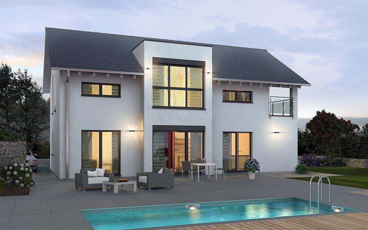 Einfamilienhaus Prestige 2 mit Pool von allkauf, Ansicht Garten bei Dämmerung