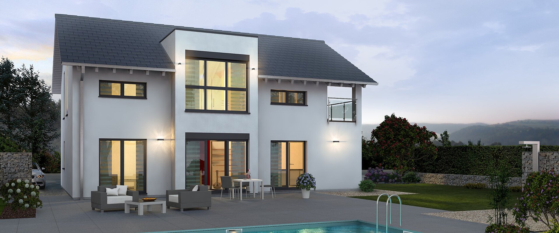 Einfamilienhaus Prestige 2 mit Pool von allkauf, Ansicht Garten bei Dämmerung