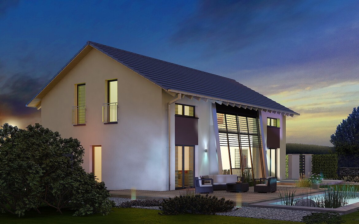 Einfamilienhaus Trendline S1 von allkauf, Ansicht Garten am Abend