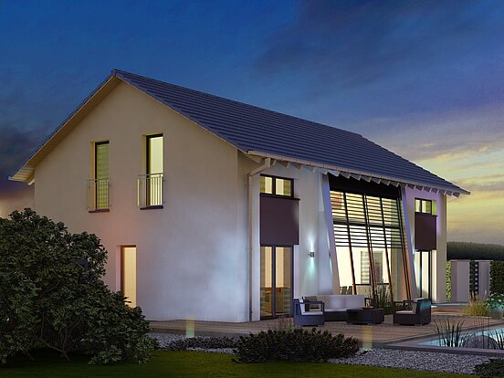Einfamilienhaus Trendline S1 von allkauf, Ansicht Garten am Abend