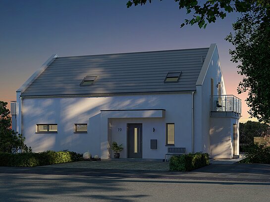 Mehrfamilienhaus Generation 2 von allkauf, Vorderansicht am Abend 