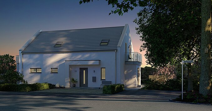 Mehrfamilienhaus Generation 2 von allkauf, Vorderansicht am Abend 