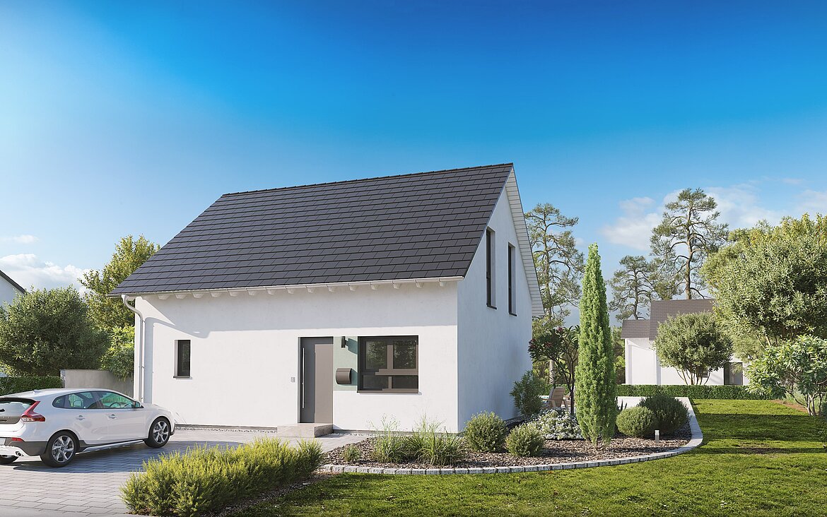 Einfamilienhaus Home 8 von allkauf mit Satteldach, Ansicht Eingang am Tag