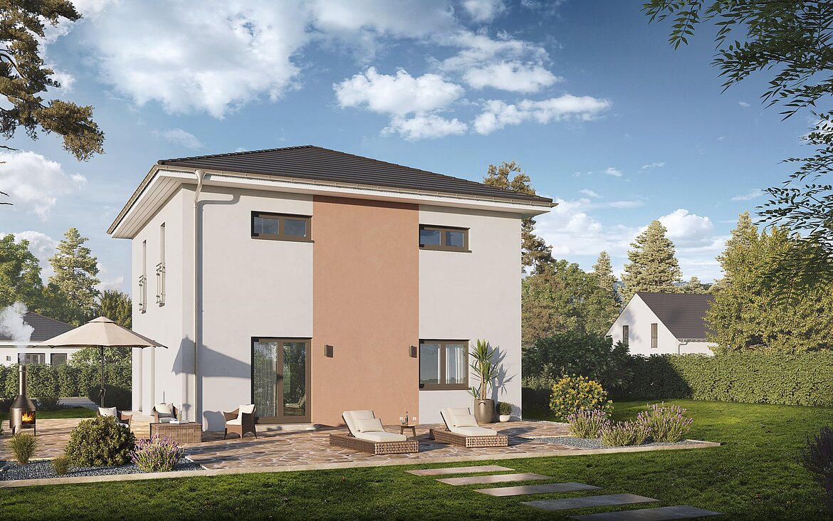 Einfamilienhaus Home 10 mit Walmdach von allkauf, Ansicht Garten am Tag