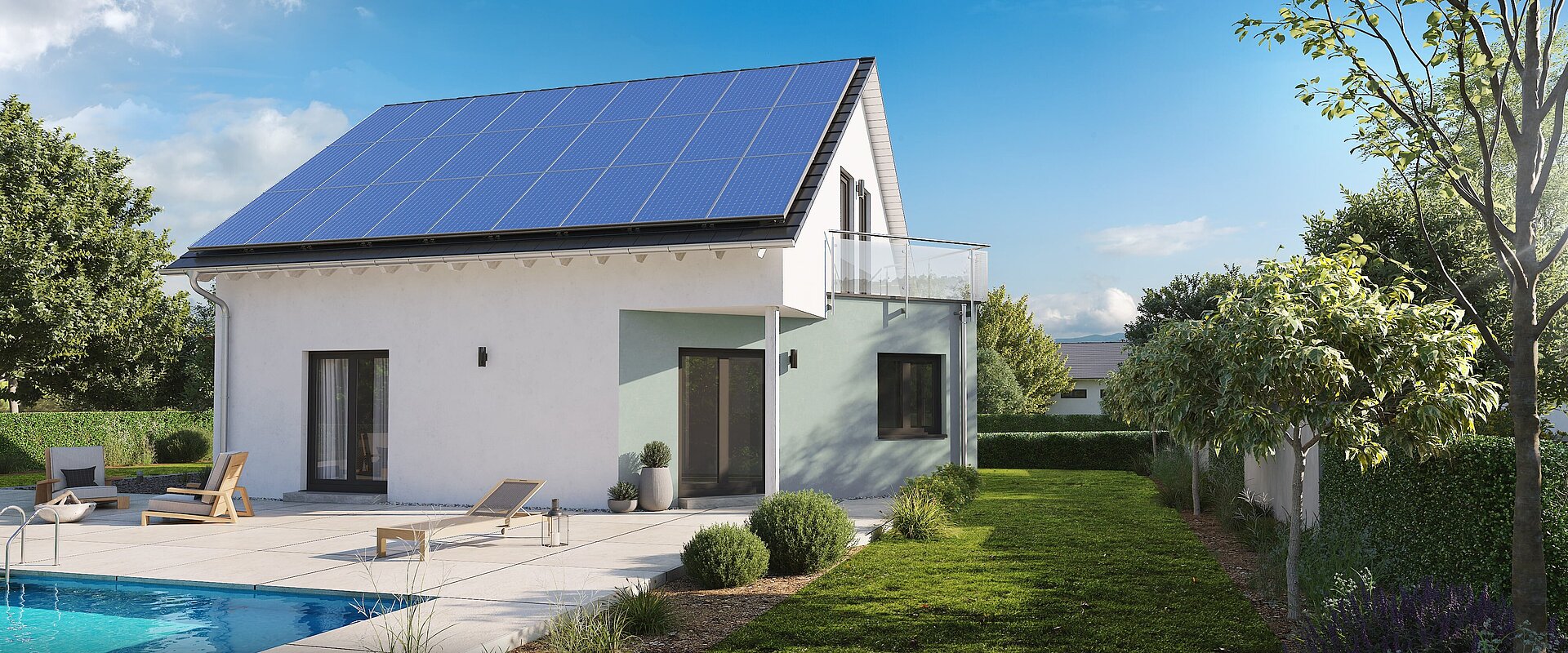  Einfamilienhaus Home 2 von allkauf mit Satteldach und P-Anlage, Ansicht Garten am Tag