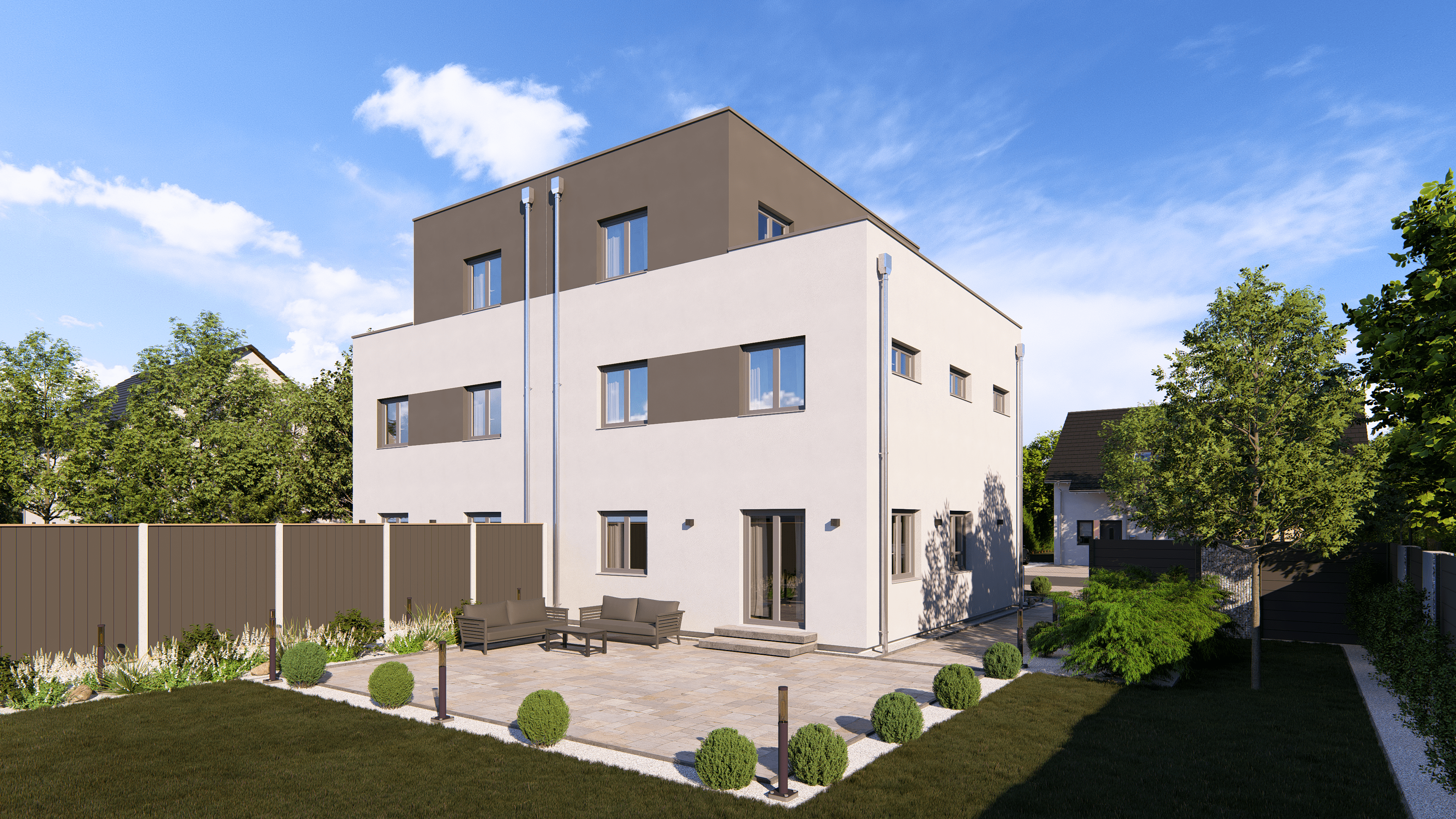 Mehrfamilienhaus Double 12 F von allkauf, Ansicht Garten am Tag